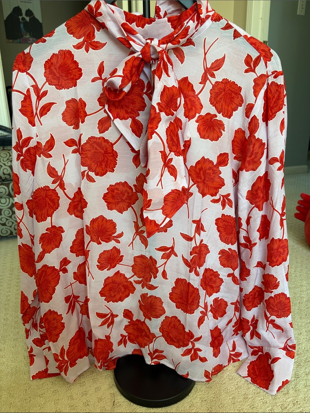 Women’s Red Floral Tie-Neck Blouse